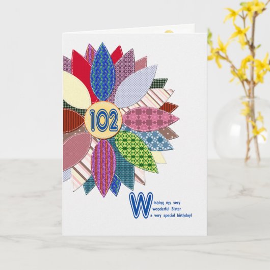 102e verjaardag voor zus , gestikte bloem kaart (Gele Bloem)