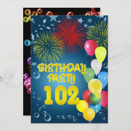 102e verjaardagsfeest Uitnodiging met ballonnen (Voorkant / Achterkant)
