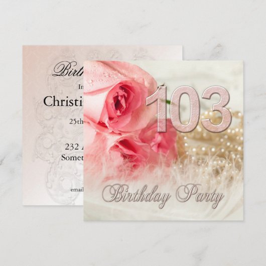 103e verjaardagsfeestje, rozen en parels kaart (Voorkant / Achterkant)