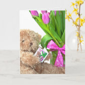 104th Birthday teddy beer met tulip bouquet Kaart (Gele Bloem)