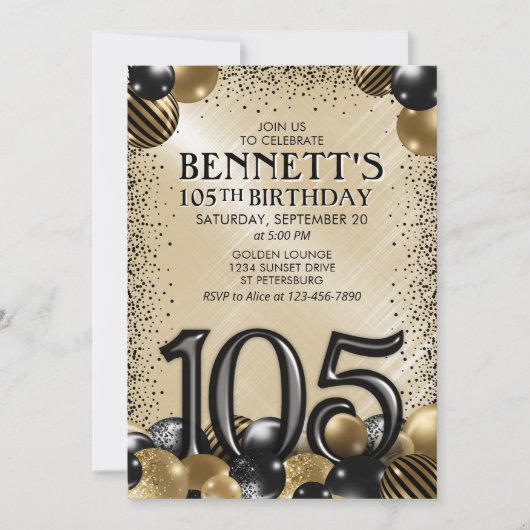 105e ballonnen zwart goud verjaardag kaart (Voorkant)