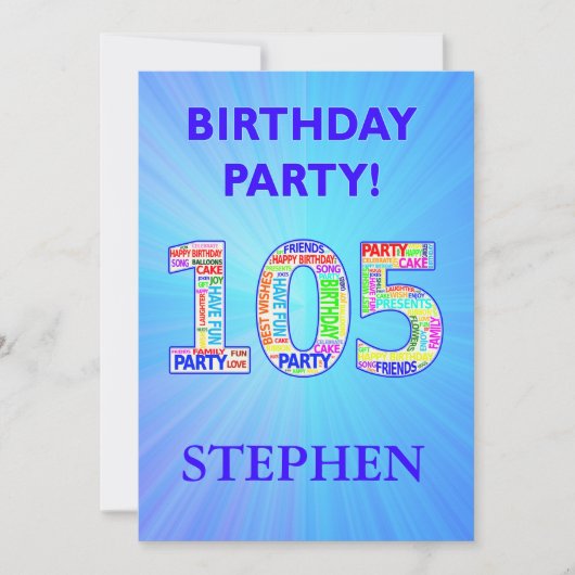 105e uitnodiging van de Birthday Party in letters (Voorkant)