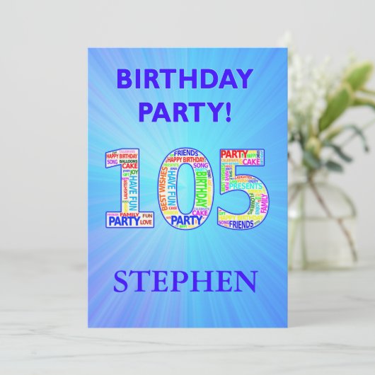 105e uitnodiging van de Birthday Party in letters (Staand voorkant)