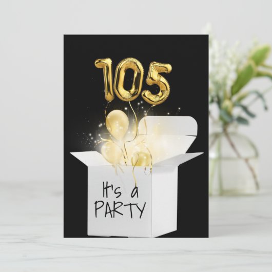 105e verjaardag gouden ballonnen in witte doos kaart (Staand voorkant)