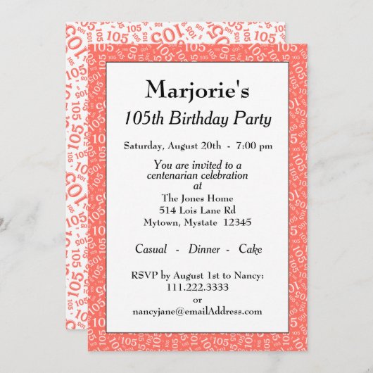 105e verjaardag koraal/wit willekeurig nummerpatro kaart (Voorkant / Achterkant)