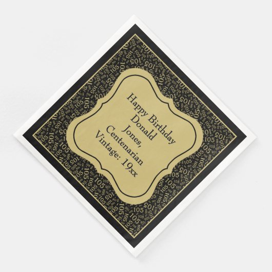 105e Verjaardag Zwart/Goud Beugel Getal Patroon Servet (Hoek)