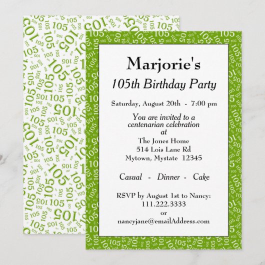 105e Verjaardagsfeest Groen/Wit Nummer Patroon Kaart (Voorkant / Achterkant)