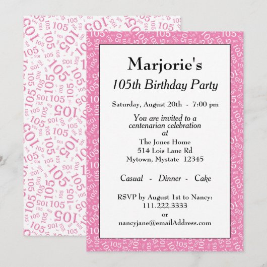 105e Verjaardagsfeest Roze/Wit Nummer Patroon Kaart (Voorkant / Achterkant)