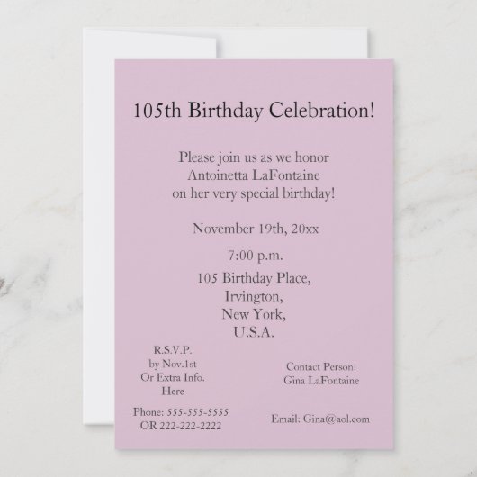105th Birthday Celebration!- Roze Rose Kaart (Achterkant)
