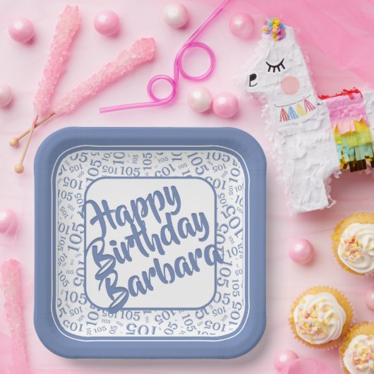 105th Birthday Random Number Pattern Blue/White Papieren Bordje (Feest)