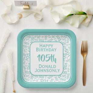 105th Party Random Number Pattern Blauwgroen/Wit Papieren Bordje