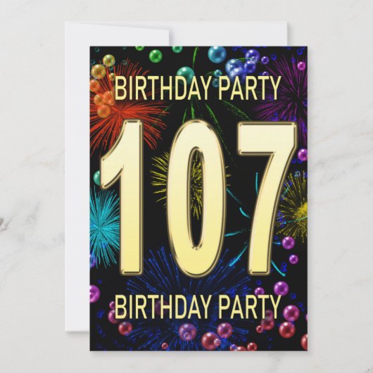107th Birthday Party Invitation Fireworks Bubbles Kaart (Voorkant)