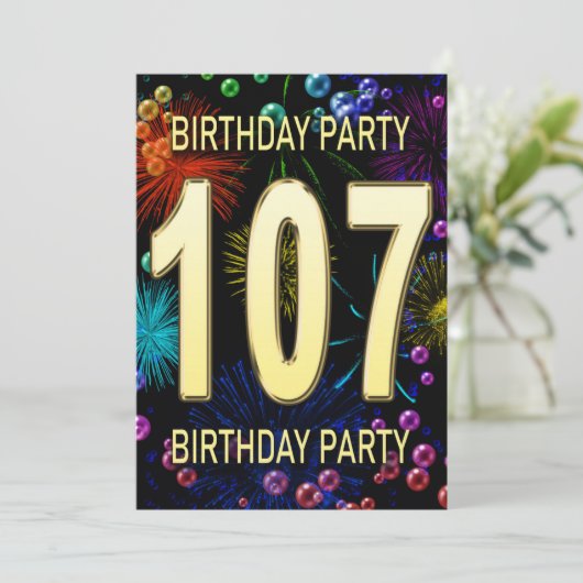 107th Birthday Party Invitation Fireworks Bubbles Kaart (Staand voorkant)