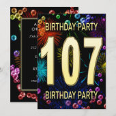 107th Birthday Party Invitation Fireworks Bubbles Kaart (Voorkant / Achterkant)