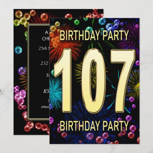 107th Birthday Party Invitation Fireworks Bubbles Kaart (Voorkant / Achterkant)