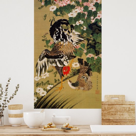 10. 芙 双 鶏, 若 Chinese Hibiscus & Rooster, Jakuchüu Poster (Keuken)