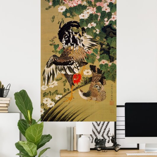 10. 芙 双 鶏, 若 Chinese Hibiscus & Rooster, Jakuchüu Poster (Thuiskantoor)