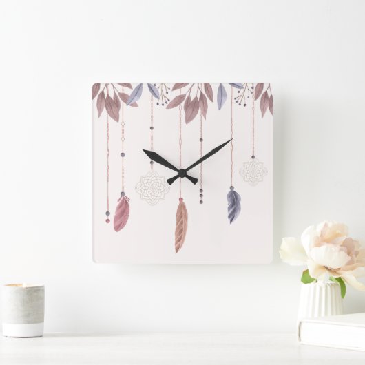10.75" Boho Feathers Square Acrylic Wall Clock Vierkante Klok (Huis)