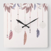 10.75" Boho Feathers Square Acrylic Wall Clock Vierkante Klok (Voorkant)