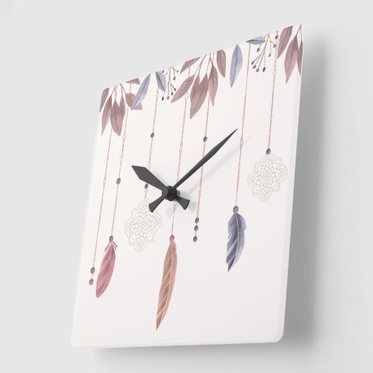 10.75" Boho Feathers Square Acrylic Wall Clock Vierkante Klok (Hoek)
