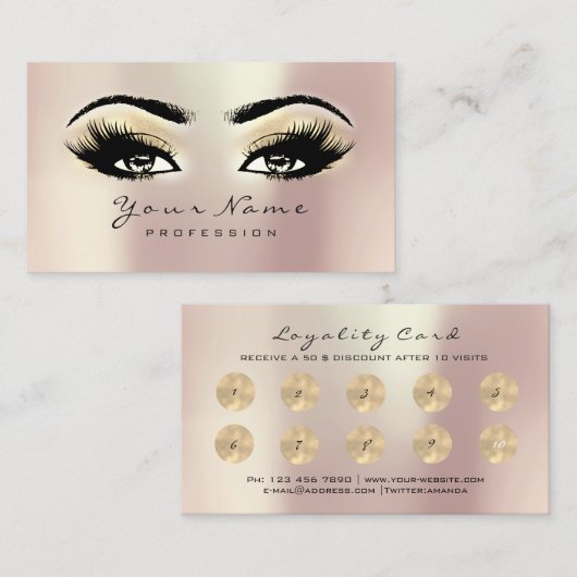 10 Beauty Salon Loyalty Kaart Makeup Roos Lashes (Voorkant / Achterkant)