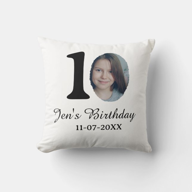 10 e verjaardag foto vetgedrukte brief kinder naam kussen (Voorkant)