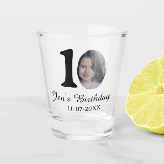 10 e verjaardag foto vetgedrukte brief kinder naam shot glas (Voorkant)