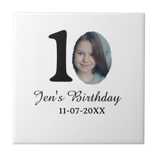 10 e verjaardag foto vetgedrukte brief kinder naam tegeltje (Voorkant)