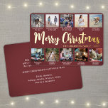 10 Foto Bourgondië Vrolijk Kerstfeest Moderne Coll Folie Feestdagenkaart<br><div class="desc">Verstuur stijlvolle, vrolijke groeten en deel 10 van je favoriete afbeeldingen met een speciale fotocollage burgundy en gouden folie-vakantiekaart. Alle tekst op deze sjabloon is eenvoudig te personaliseren om alle formuleringen op te nemen, zoals vrolijk kerstfeest, Prettige feestdagen, seizoensgroeten, nieuwjaarschaafjes, enz. (AFBEELDING PLACEMENT TIP: een gemakkelijke manier om een foto...</div>