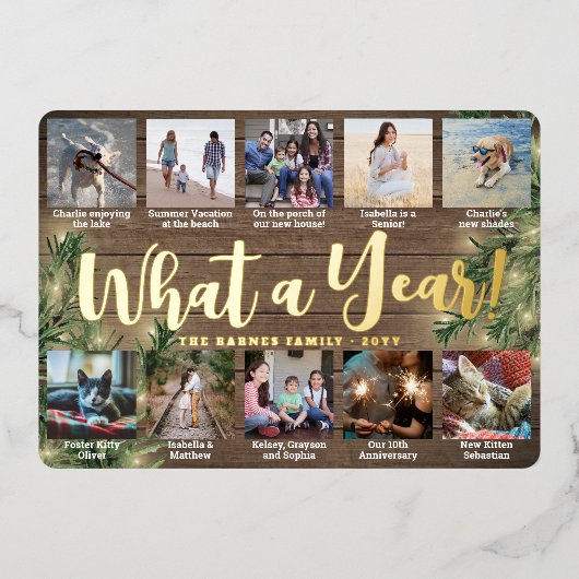 10 Foto Kerstmis Greenery & Lights Wat een jaar! Folie Feestdagenkaart (Voorkant)