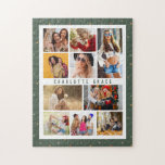 10 Foto Modern Stars Stijlvolle Groene Naam Legpuzzel<br><div class="desc">10 Foto Moderne sterren Stijlvolle groene naam Jigzaag Puzzle biedt tien van uw favoriete afbeeldingen voor een eenvoudige en snelle DIY en voegt uw eigen fotocollage toe. Personaliseer met jouw naam en omringd met een eenvoudig sterpatroon op een groene achtergrond. Maakt een perfect cadeau voor Kerstmis, verjaardagen, Moederdag, zussen, beste...</div>