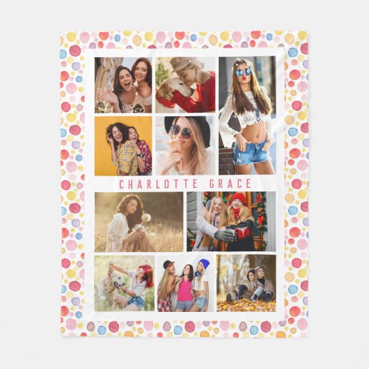 10 Foto Modern Stylish Waterverf Polka Dots Name Fleece Deken (Voorkant)