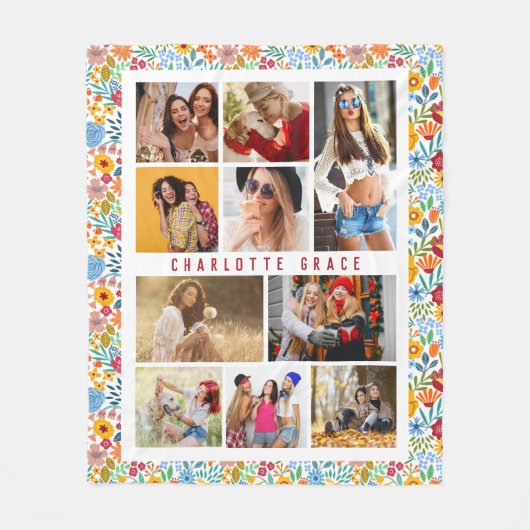 10 Foto Modern Trendy Floral Stylish Name Fleece Deken (Voorkant)