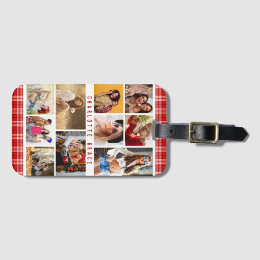 10 Foto Modern Trendy Red Pset Stylish Name Bagagelabel (Voorkant (horizontaal))