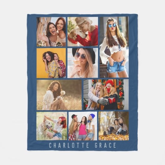 10 Foto Simple Modern Minimal Blue Stylish Name Fleece Deken (Voorkant)