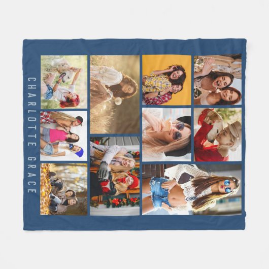 10 Foto Simple Modern Minimal Blue Stylish Name Fleece Deken (Voorkant (Horizontaal))