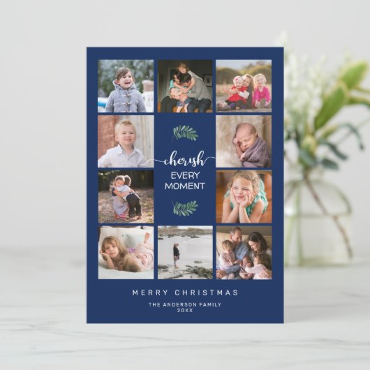 10-fotocollage kerstaxen elke minuut feestdagenkaart (Staand voorkant)