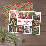 10 Fotocollage - Merry Christmas Red Green Feestdagenkaart<br><div class="desc">Diep groen en rood visgraatpatroon — Gebruik 10 vierkante foto's en maak een unieke en trendy vrolijke kerstgroet met een rustiek modern script aan de voorkant en een feestelijk geometrisch patroon aan de achterkant. Als u iets wilt verplaatsen,  klikt u op de knop Aanpassen om wijzigingen aan te brengen.</div>