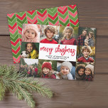10 Fotocollage - Merry Christmas Red Green Feestdagenkaart<br><div class="desc">Diep groen en rood visgraatpatroon — Gebruik 10 vierkante foto's en maak een unieke en trendy vrolijke kerstgroet met een rustiek modern script aan de voorkant en een feestelijk geometrisch patroon aan de achterkant. Als u iets wilt verplaatsen,  klikt u op de knop Aanpassen om wijzigingen aan te brengen.</div>