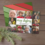 10 Fotocollage - Merry Christmas Retro Stripes Feestdagenkaart<br><div class="desc">Diep groen en rood retro streep patroon — Gebruik 10 vierkante foto's en maak een unieke en trendy Merry Christmas groet met een rustiek modern script op de voorkant en een feestelijk lijnkunstpatroon op de achterkant. Als u iets wilt verplaatsen, klikt u op de knop Aanpassen om wijzigingen aan te...</div>