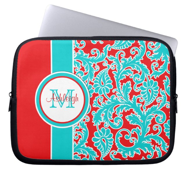 10-inch Blauw Rood Monogram Damascus-laptophoes Laptop Sleeve (Voorkant)