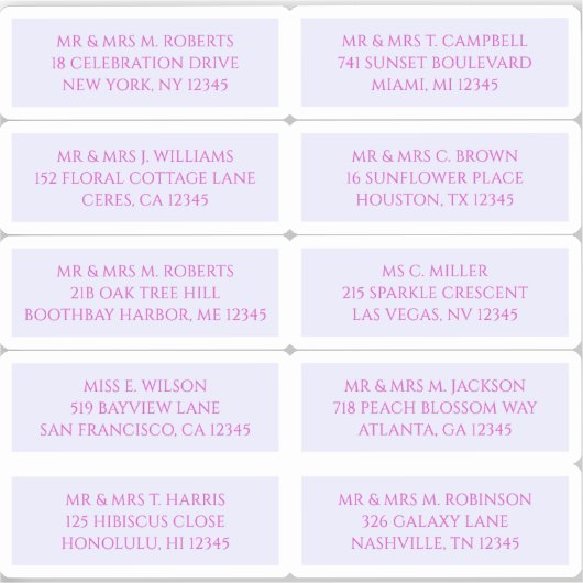 10 Individuele Gast Naam Adres Mystieke Lavendel Sticker (Voorkant)