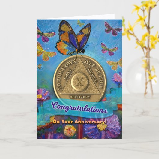 10 Jaar AA Jubileum Munt Vlinders Bloemen Kaart (Gele Bloem)