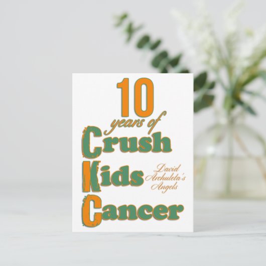10 jaar Crush Kinder Kanker Briefkaart (Staand voorkant)