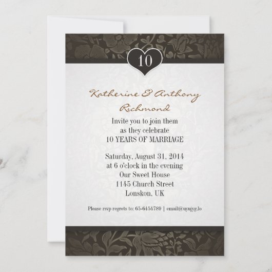 10 jaar huwelijksverjaardag damask uitnodigingen (Achterkant)