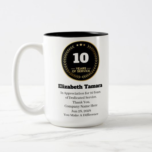 10 jaar Jubileum voor werk | Personeelswaardering Tweekleurige Koffiemok (Links)