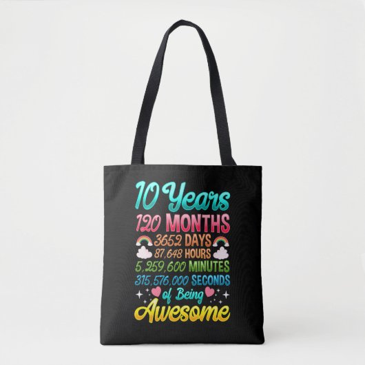 10 jaar oud 120 maanden 10e verjaardag Regenboog Tote Bag (Voorkant)