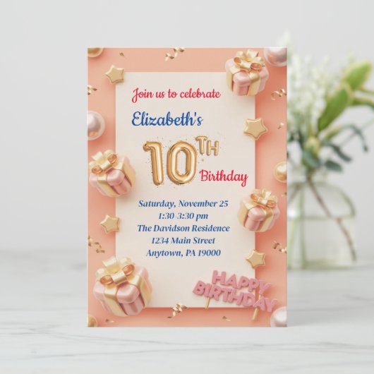 10 JAAR OUD MEISJES VERJAARDAG UITNODIGINGEN (Staand voorkant)