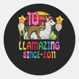 10 jaar oude 10e verjaardag Sloth Riding Llama Ronde Sticker
