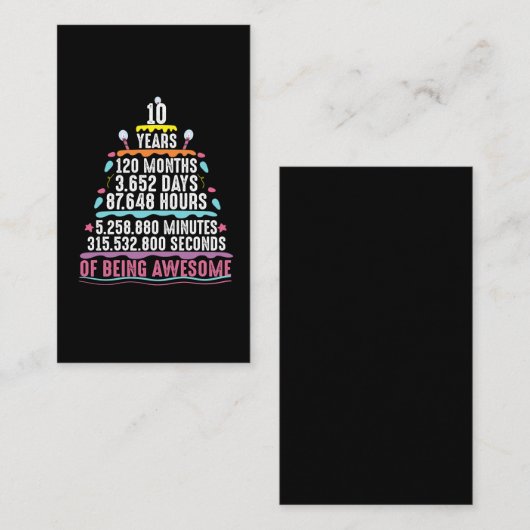 10 jaar oude Cake 10e verjaardag Notulen Visitekaartje (Voorkant / Achterkant)